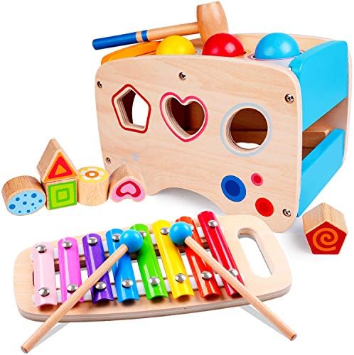 rolimate Hammering Pounding Toys Wooden Educational Toy Xylophone Shape Sorter, Birthday Gift for 1 2 Years Boy Girl Baby Toddler Kids Developmental Montessori Learning Block Toy Fine Motor (Classic)