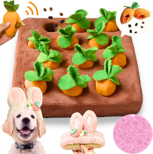 Dog Enrichment Puzzle, Interactive Squeaky Carrot Farm Snuffle Mat for Mental Stimulation and Puppy Brain Training, Small, Medium and Large Dogs (Upgraded Carrots with Treat Pockets)