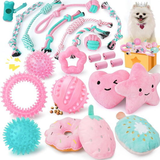 Pink Puppy Toys for Boredom - 23 Pack Puppy Chew Toys for Teething, Interactive Dog Toys for Puppies, Cute Small Dog Toys with Treat Ball, Squeaky Dog Chew Toys and Ropes