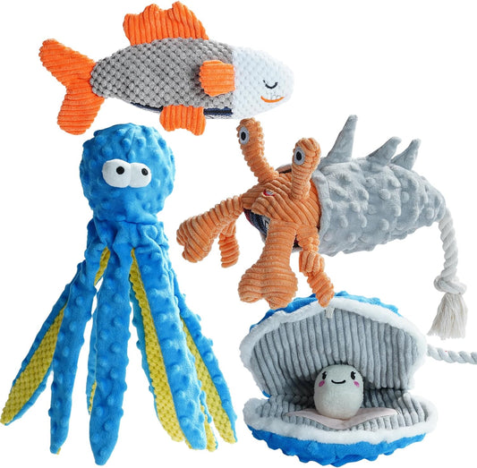 Nocciola 4 PCS Crinkle Squeaky Dog Toys | Octopus Dog Toy | Ocean Theme Stuffed Dog Toys, Interactive Rope Dog Toys for Small, Medium & Large Dogs, Durable Dog Toys for Aggressive Chewers